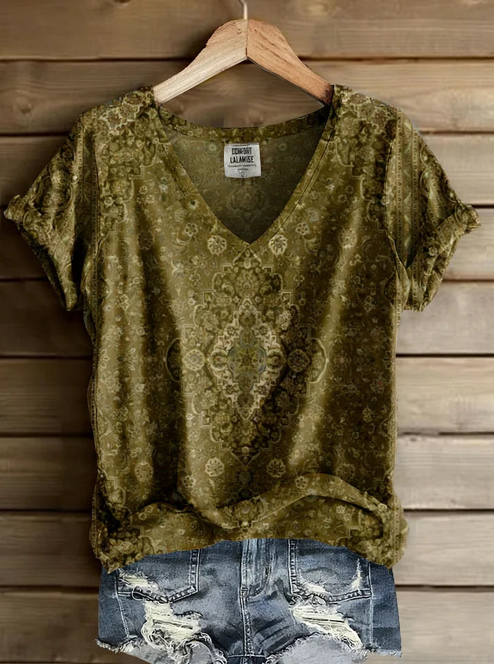 Vintage Ethic Print V-neck Casual T-Shirt