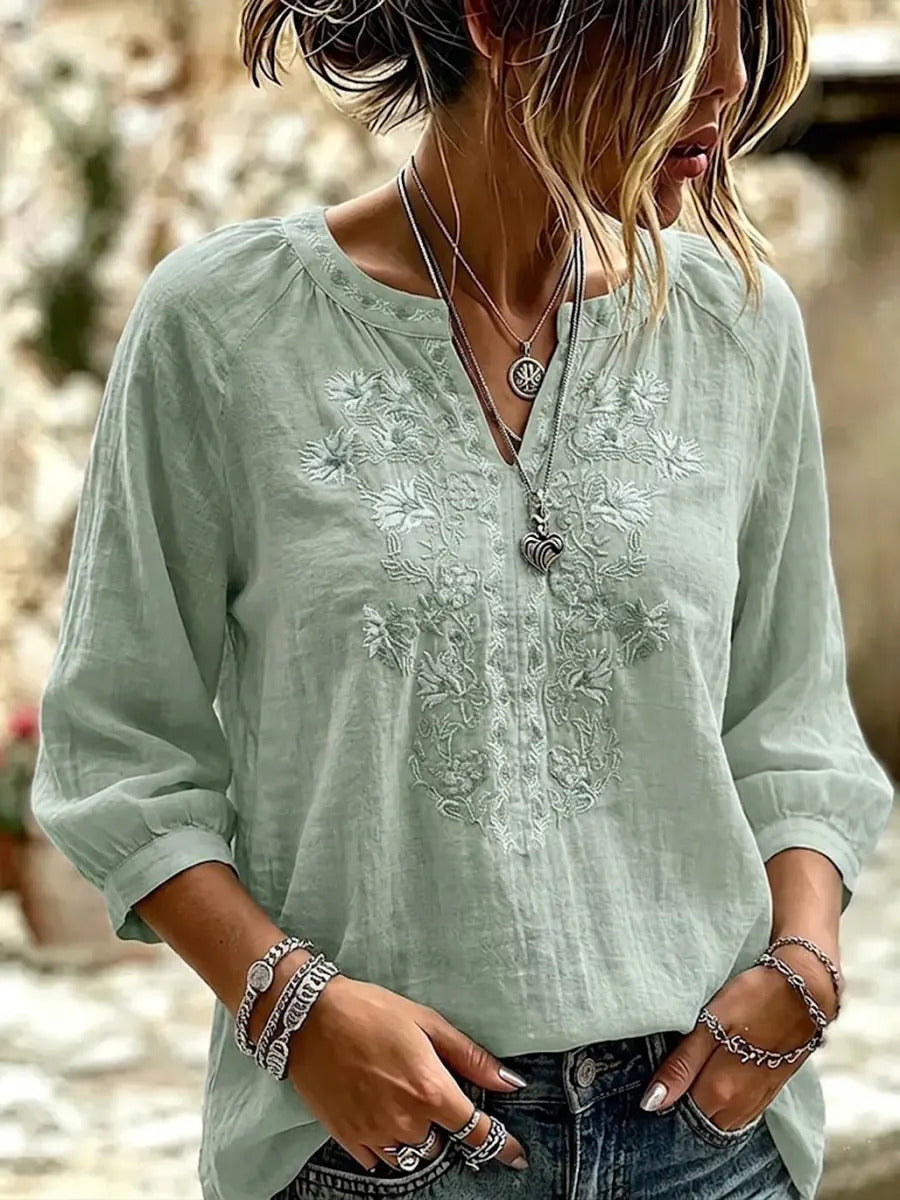 Women's Retro Flowers Embroidered V-neck Cotton And Linen Shirt