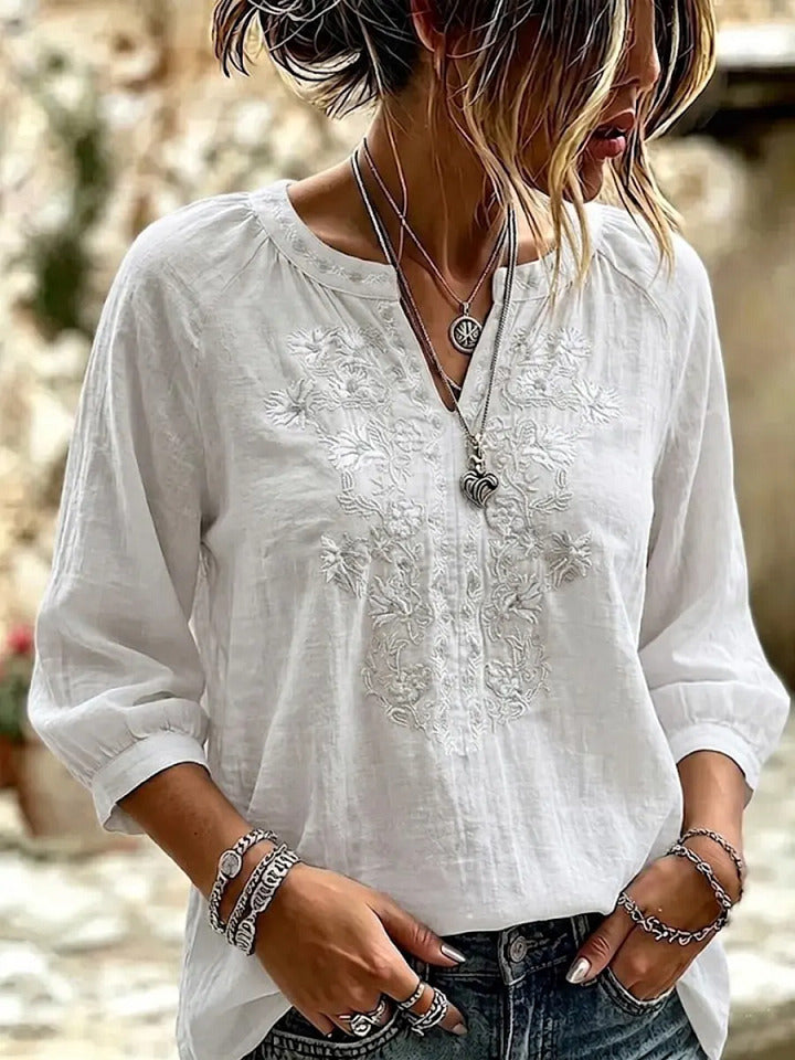 Women's Retro Flowers Embroidered V-neck Cotton And Linen Shirt