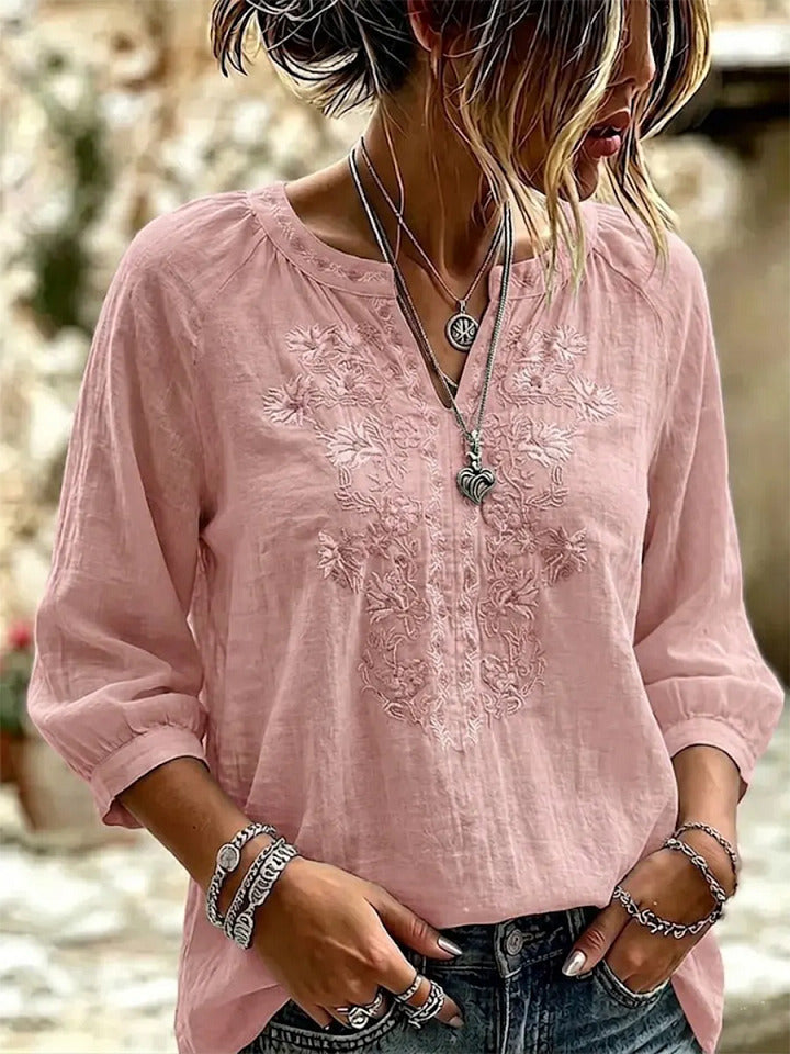 Women's Retro Flowers Embroidered V-neck Cotton And Linen Shirt