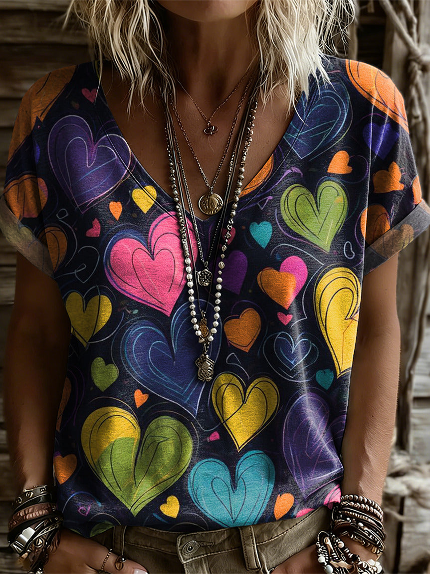 Women's Retro Colorful Heart Art Print Casual Short-sleeve V-neck T-shirt