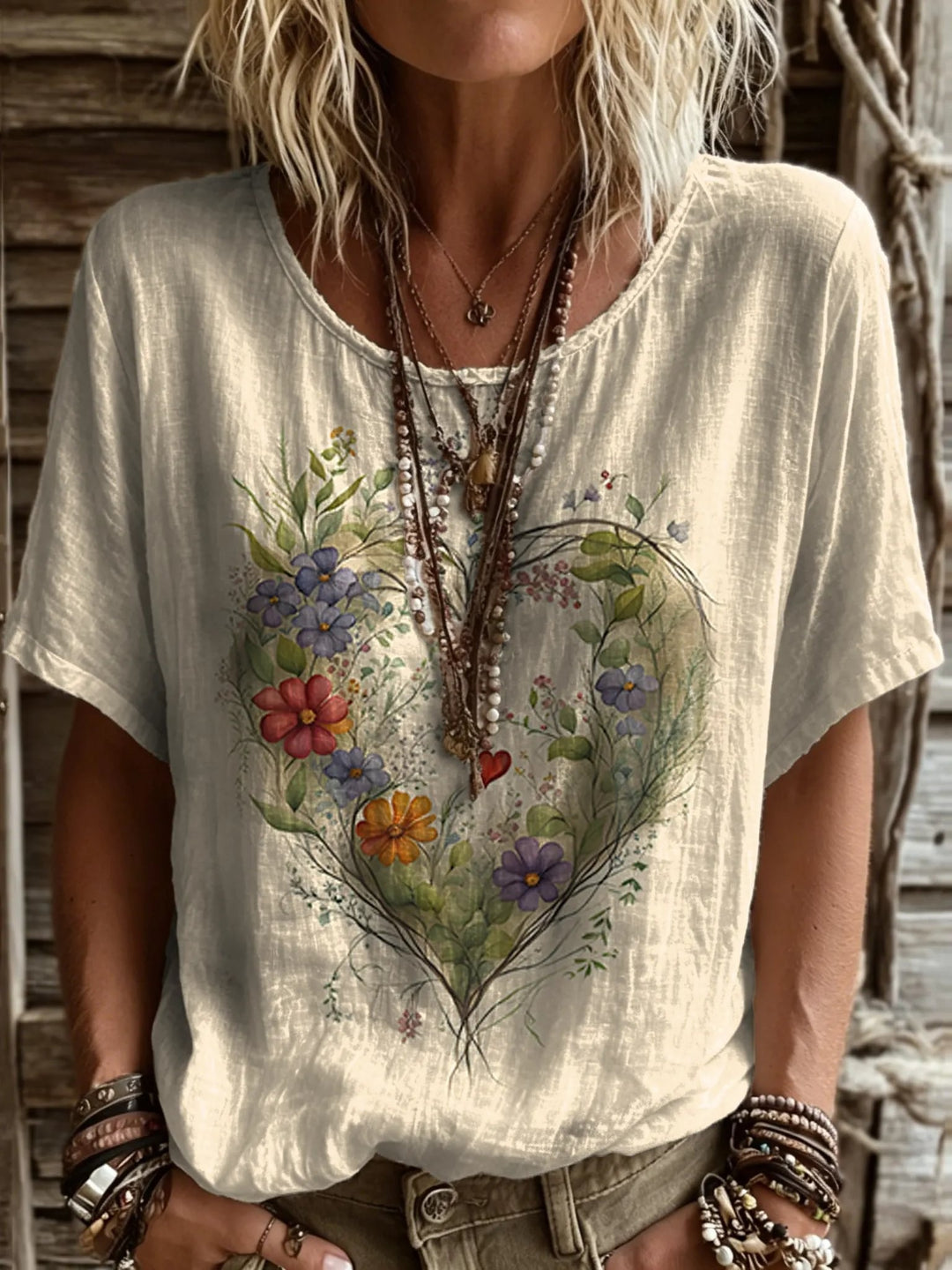 Women's Short-sleeve Crew-neck Cotton-linen T-shirt With Floral Heart Print