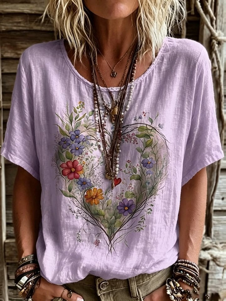 Women's Short-sleeve Crew-neck Cotton-linen T-shirt With Floral Heart Print