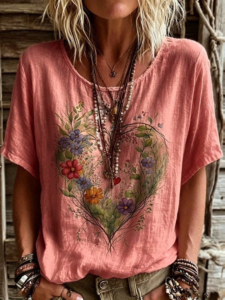 Women's Short-sleeve Crew-neck Cotton-linen T-shirt With Floral Heart Print