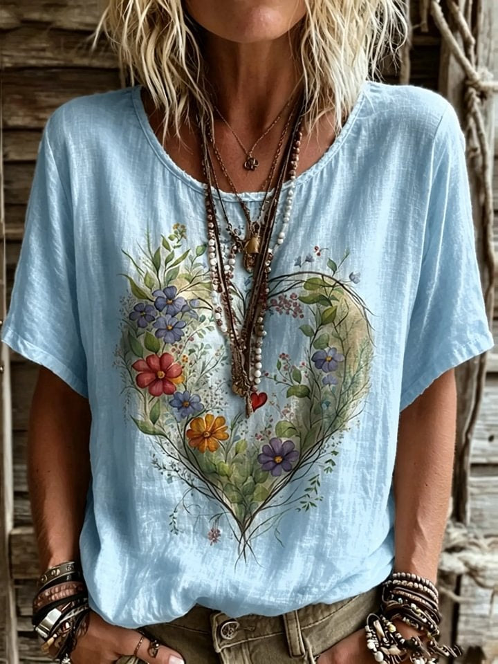 Women's Short-sleeve Crew-neck Cotton-linen T-shirt With Floral Heart Print