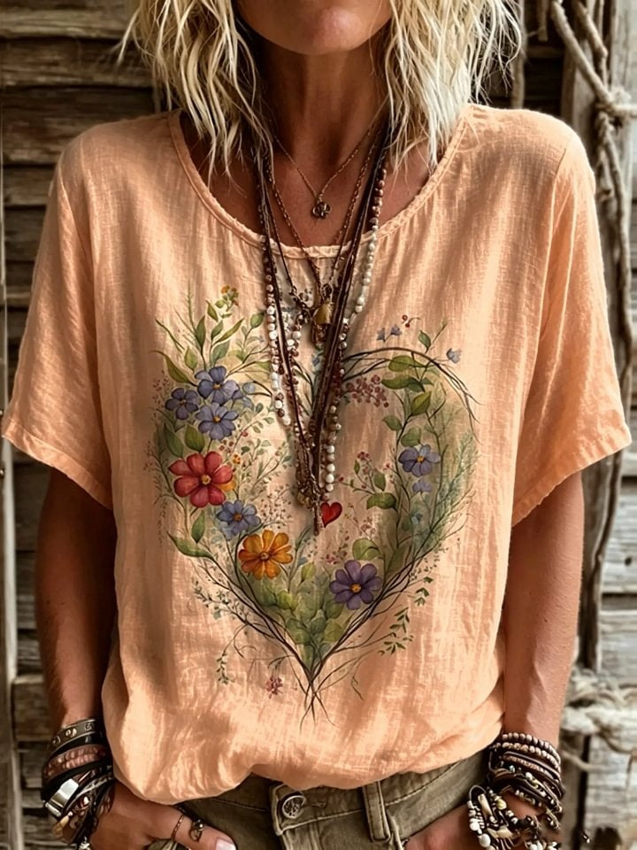Women's Short-sleeve Crew-neck Cotton-linen T-shirt With Floral Heart Print