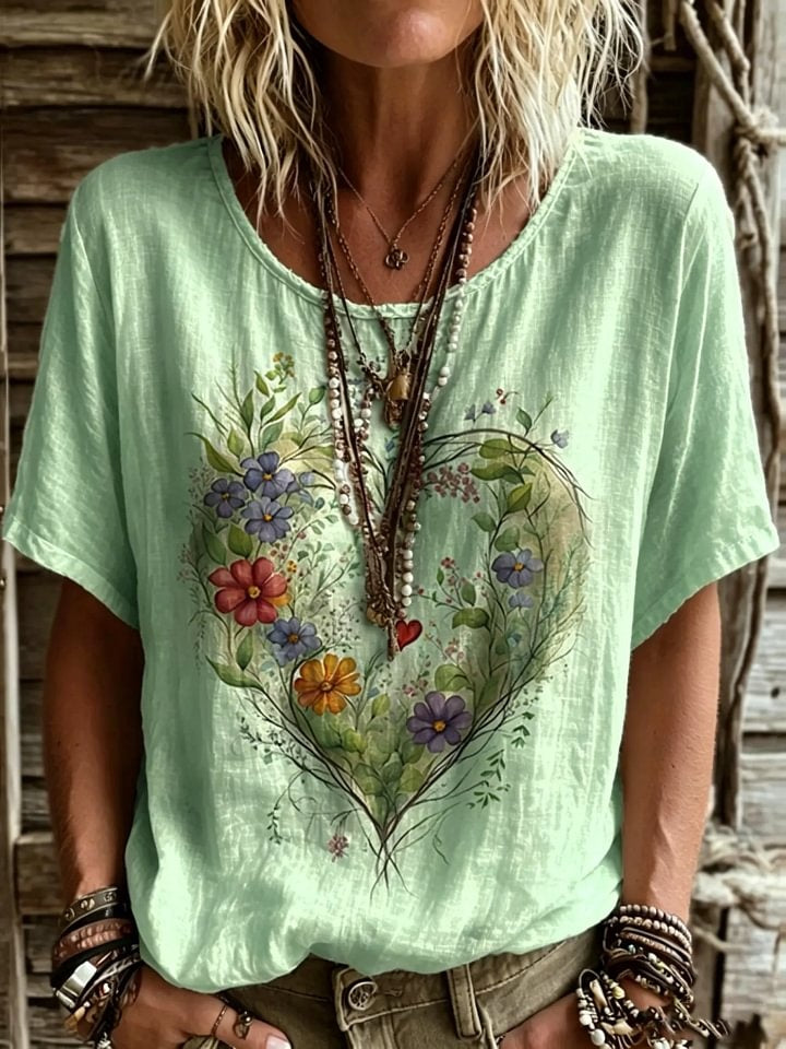 Women's Short-sleeve Crew-neck Cotton-linen T-shirt With Floral Heart Print