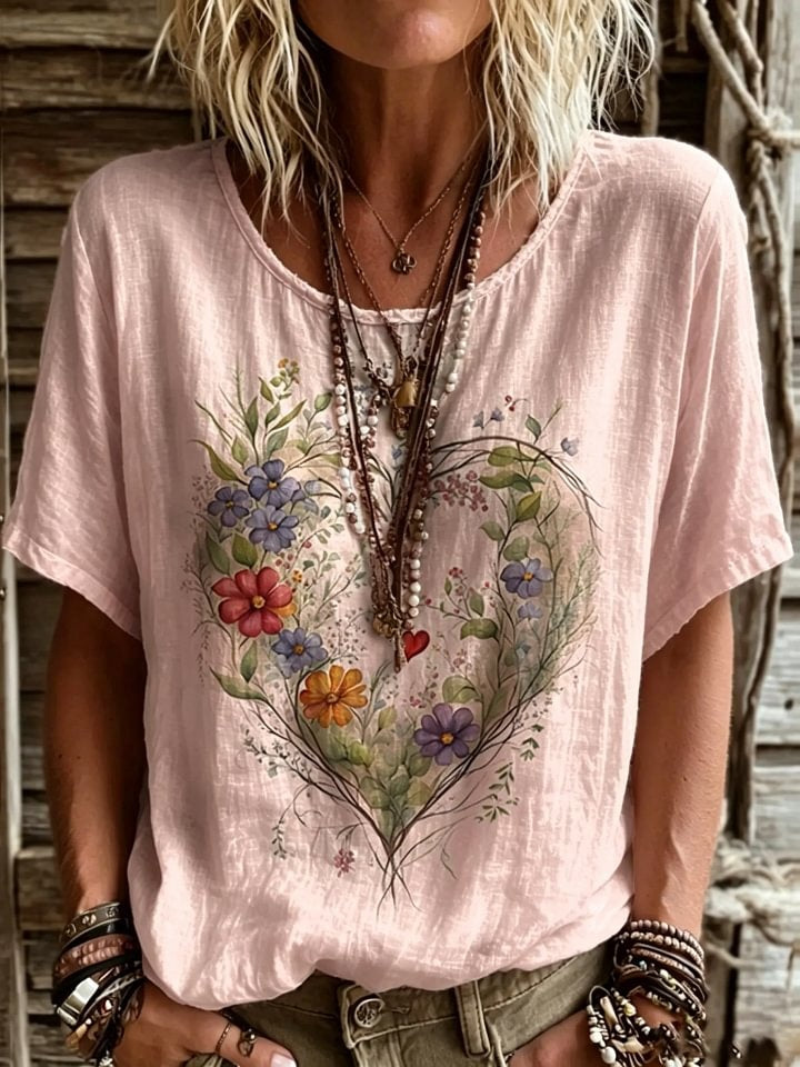 Women's Short-sleeve Crew-neck Cotton-linen T-shirt With Floral Heart Print