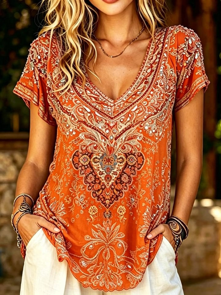 Women's Boho Paisley Print Short Sleeve Top