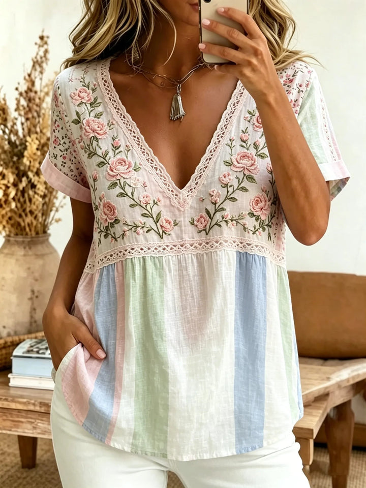 Women's Rose Lace & Stripe Print Cotton Blouse