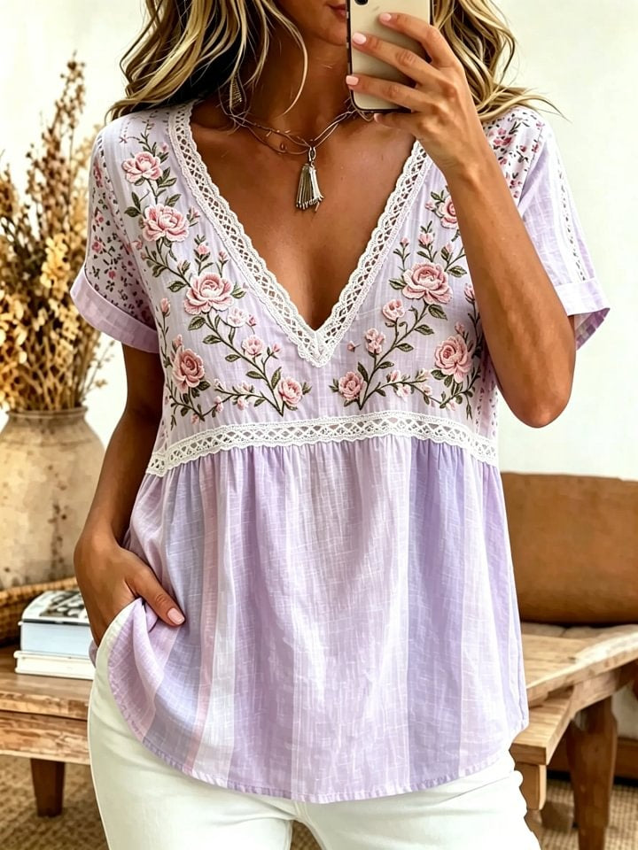 Women's Rose Lace & Stripe Print Cotton Blouse