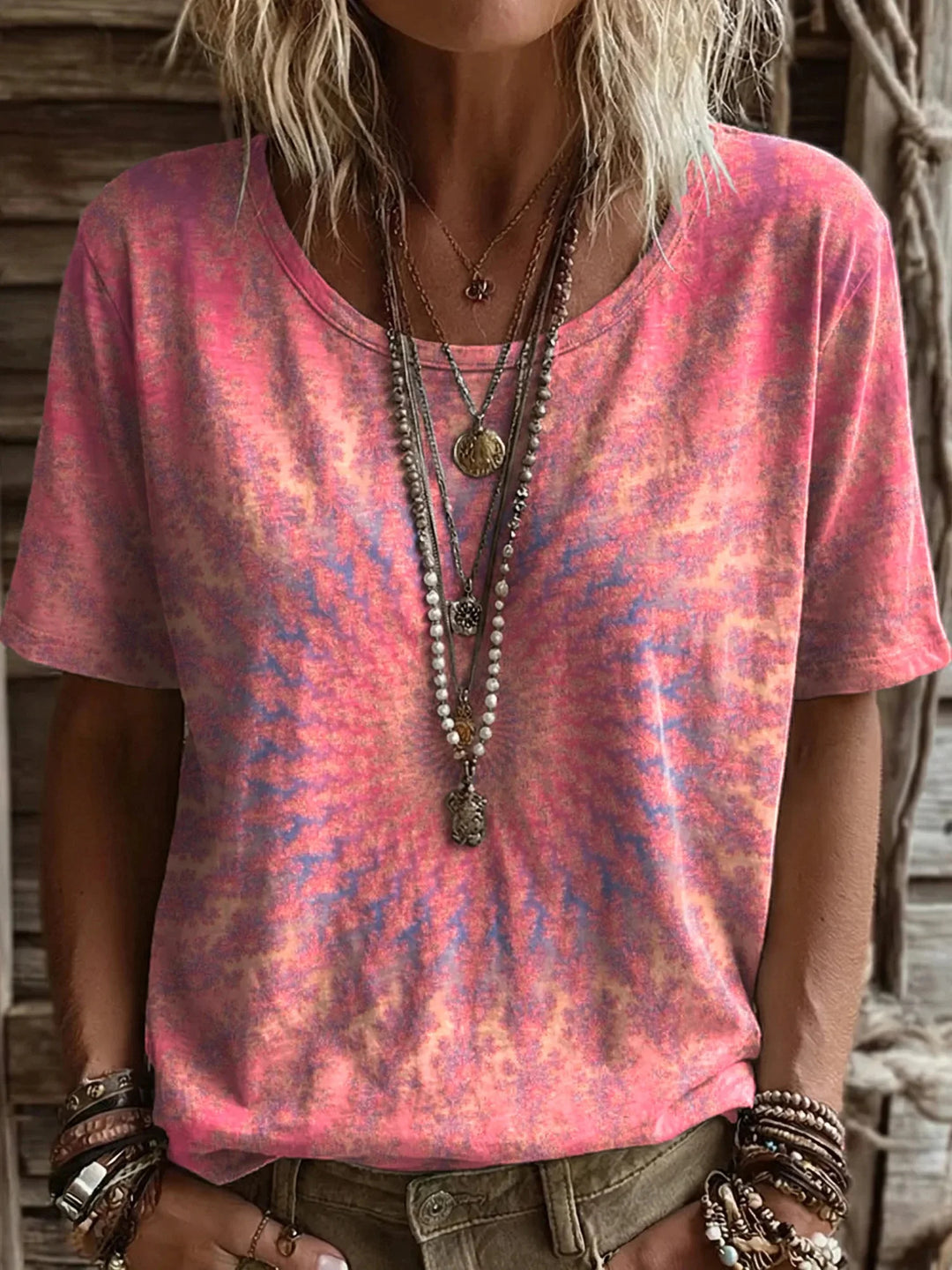 Women's Vintage Ethnic Pink Mandala Art Printed Casual Round Neck Short Sleeve Cotton T-shirt