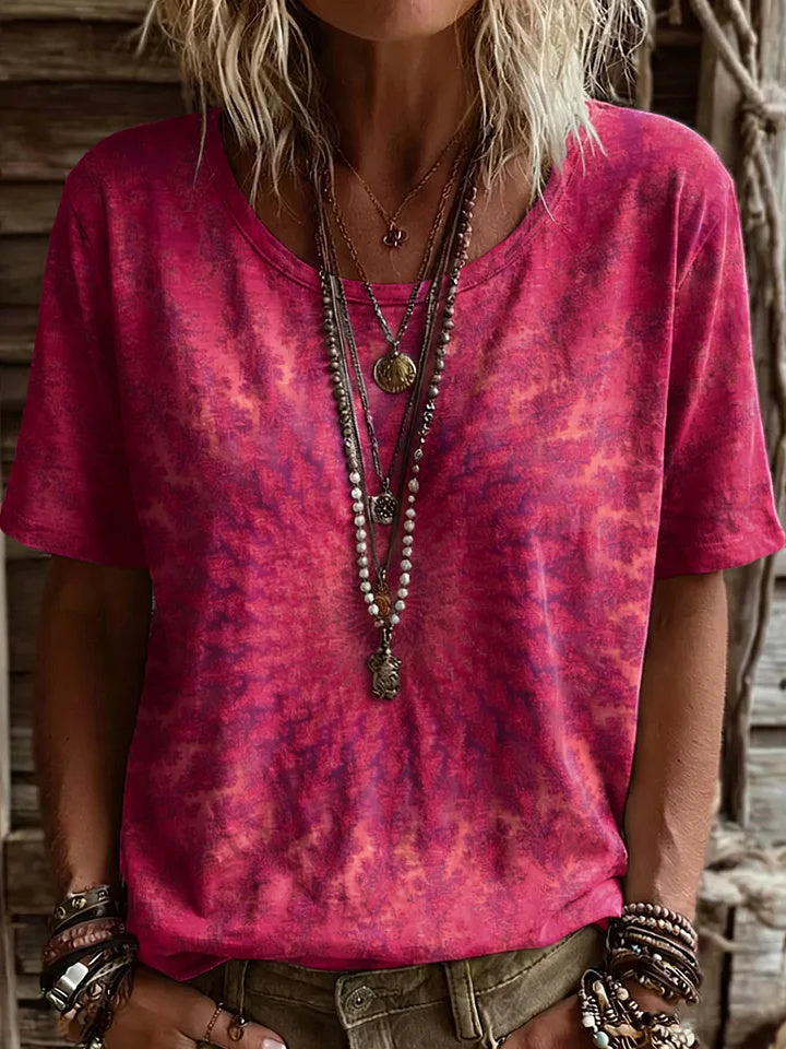 Women's Vintage Ethnic Pink Mandala Art Printed Casual Round Neck Short Sleeve Cotton T-shirt