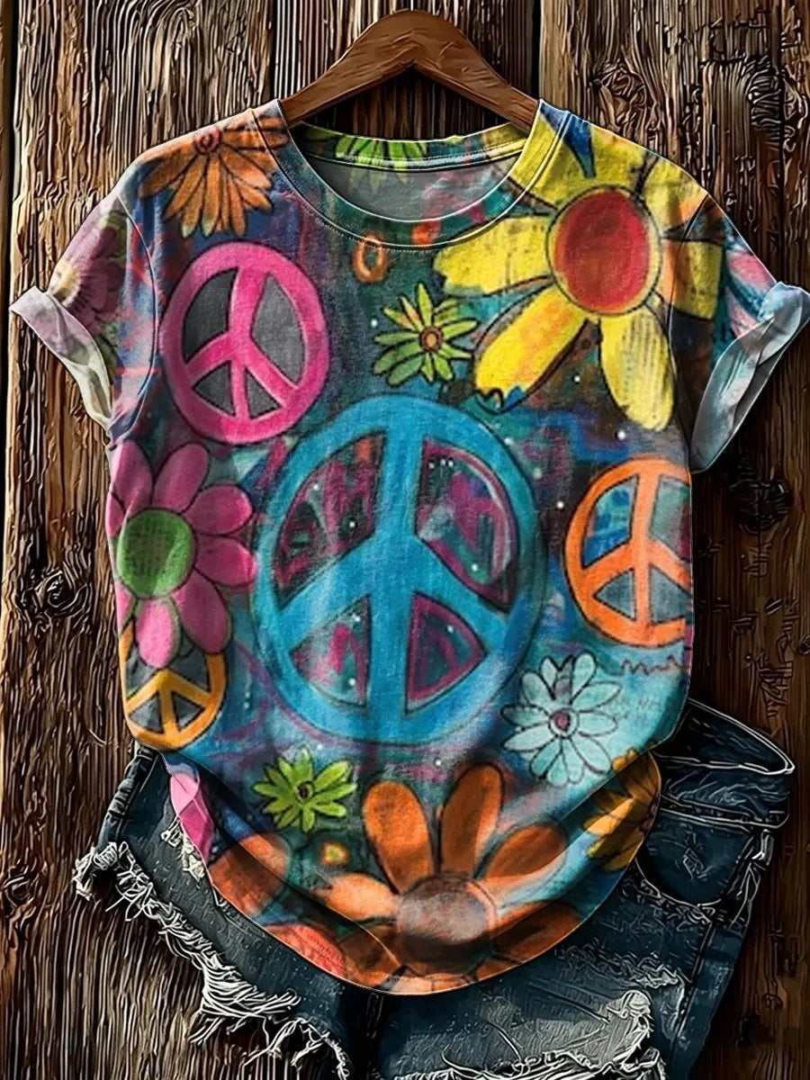 Women's Peace Sign & Flower Graffiti Print Short Sleeve T-Shirt