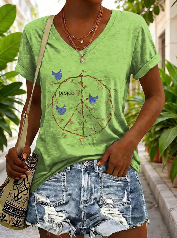 Women's Vintage Yellow Peace Sign Bird Hippie Art Print Casual V-neck Cotton T-shirt