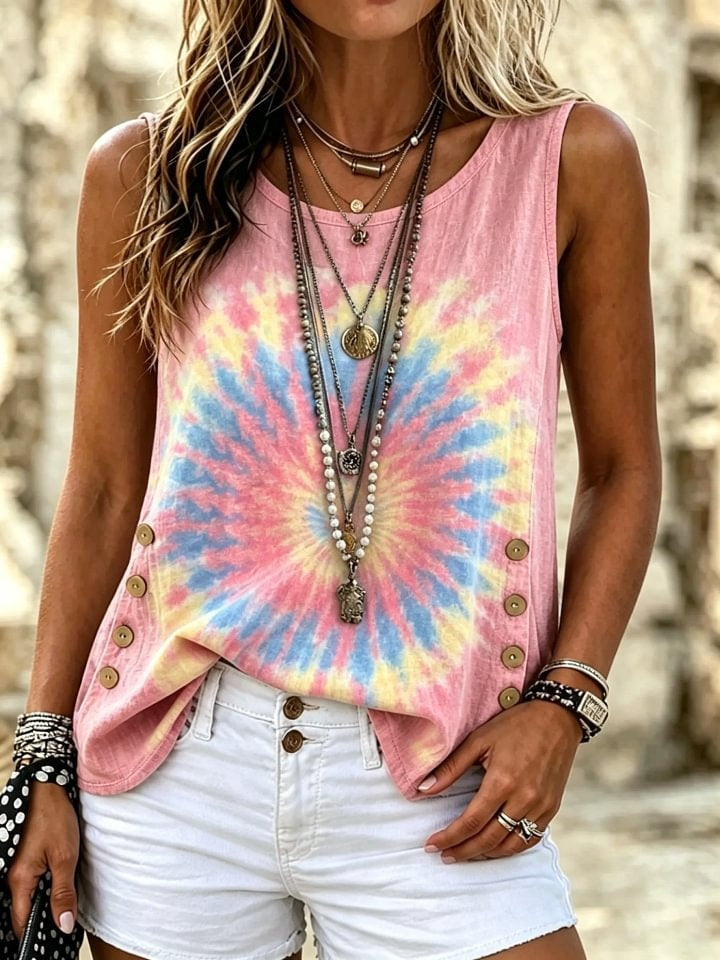 Women's Tie-Dye Print Cotton Side Button Sleeveless Tank Top