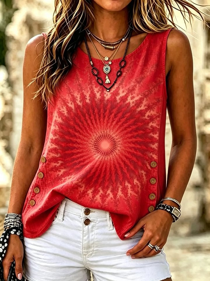 Women's Tie-Dye Print Cotton Side Button Sleeveless Tank Top