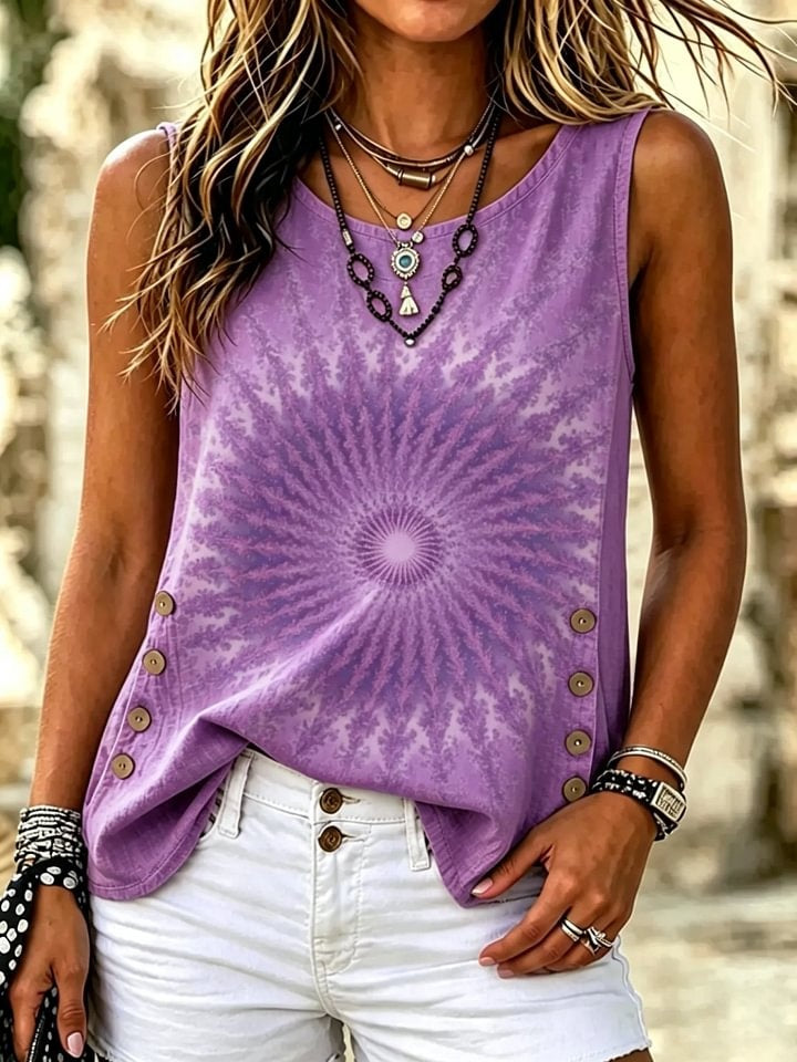 Women's Tie-Dye Print Cotton Side Button Sleeveless Tank Top