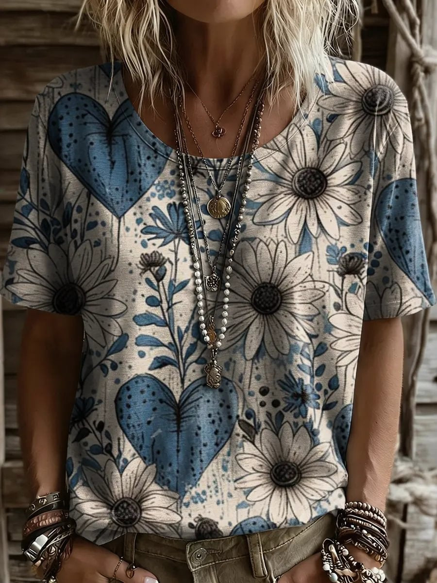 Vintage Bohemia Flowers Love Women And Men's Vintage Art Print Casual T-shirt