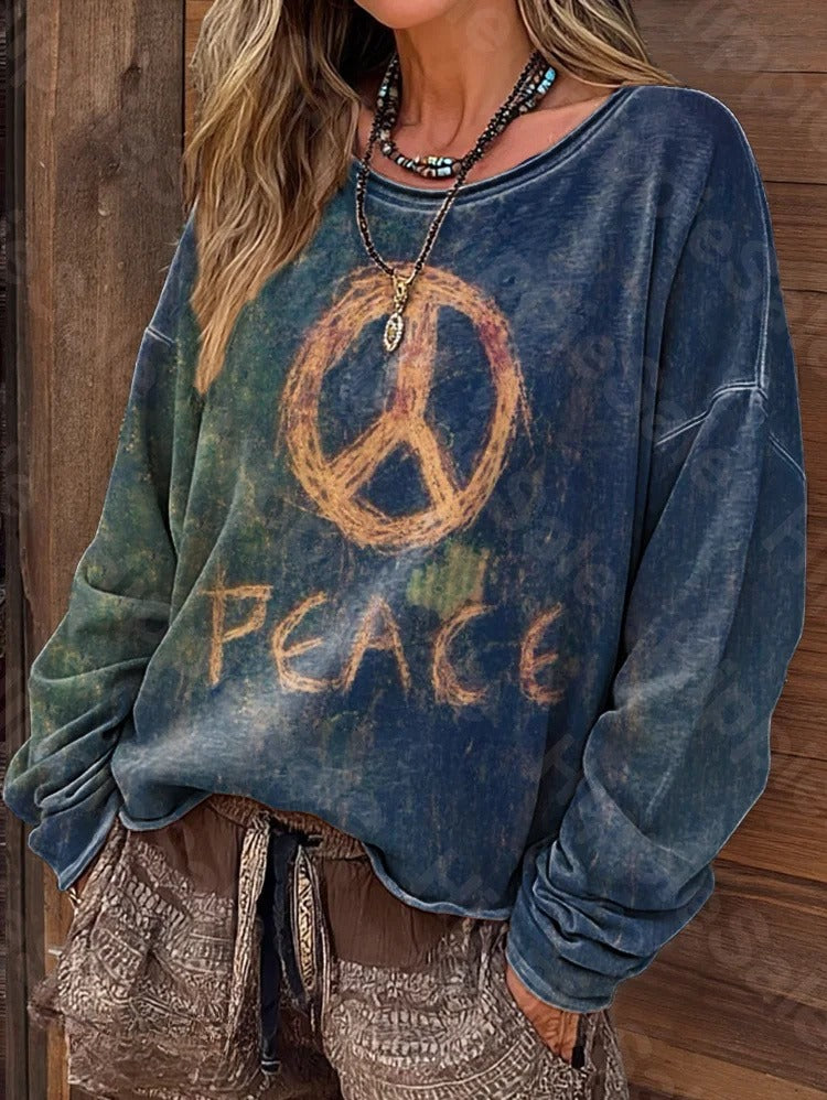 Women's Vintage Hippie Peace Art Print Casual Long-Sleeve