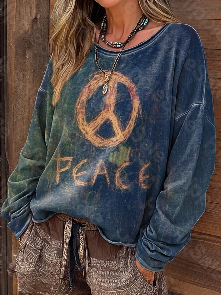Women's Vintage Hippie Peace Art Print Casual Long-Sleeve