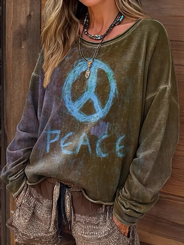 Women's Vintage Hippie Peace Art Print Casual Long-Sleeve