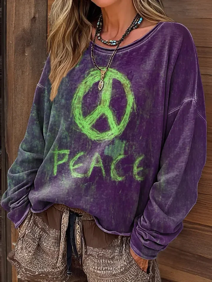 Women's Vintage Hippie Peace Art Print Casual Long-Sleeve