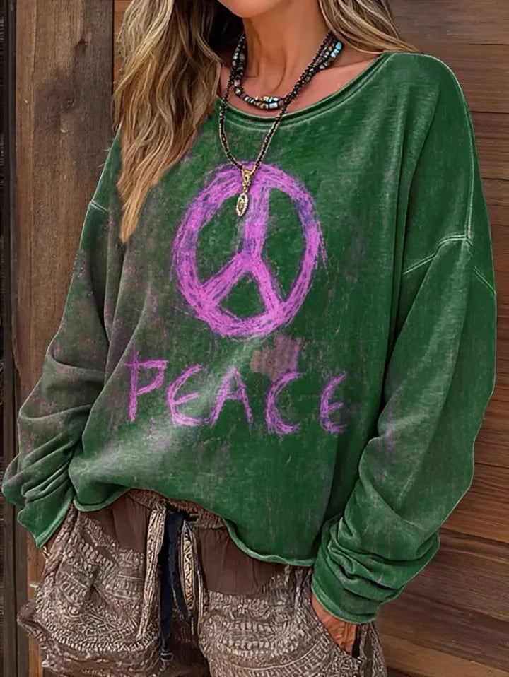 Women's Vintage Hippie Peace Art Print Casual Long-Sleeve