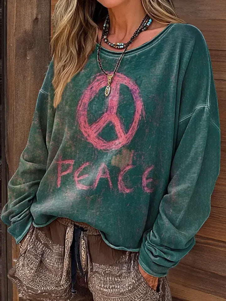 Women's Vintage Hippie Peace Art Print Casual Long-Sleeve