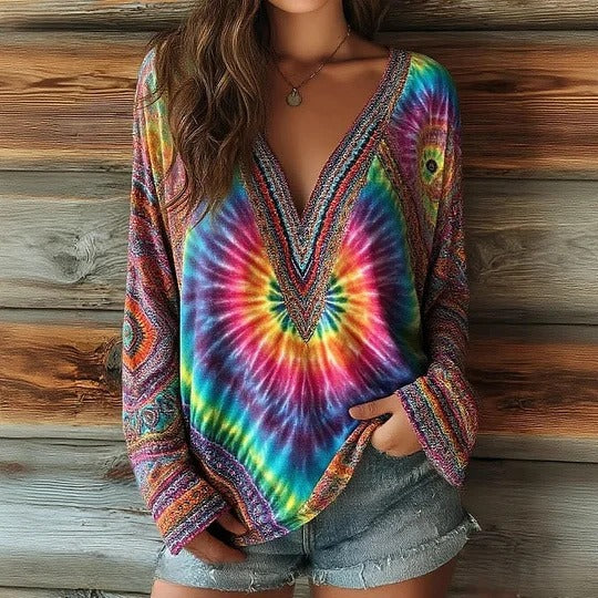 Women's Striped Art Print Casual V-Neck Long Sleeve Top