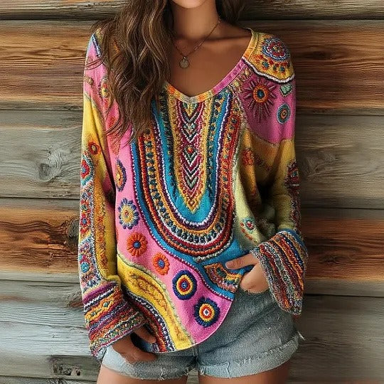 Women's Striped Art Print Casual V-Neck Long Sleeve Top