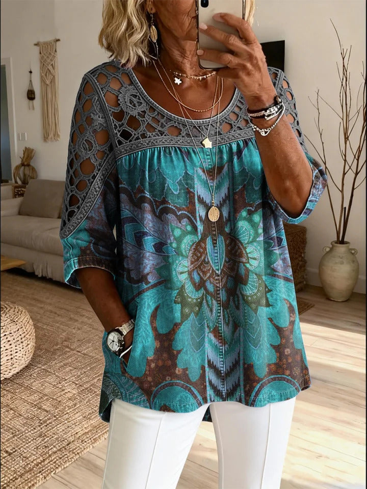 Women's Retro Ethnic Floral Art Print Casual Three-quarter Sleeve Round Neck Top
