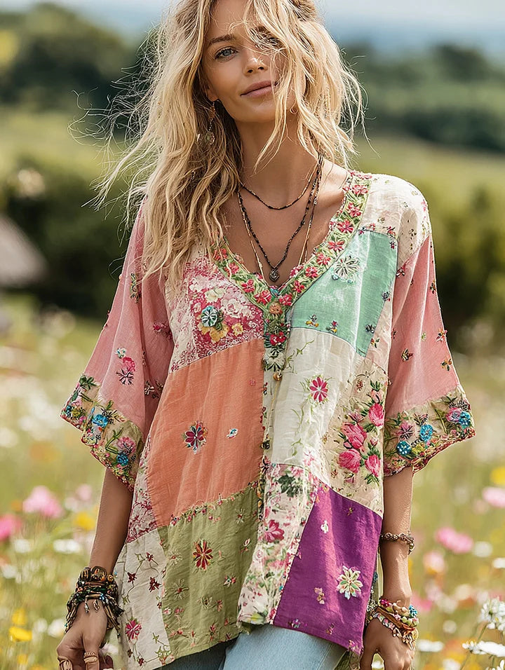 Women's Vintage Floral Print Patchwork V-neck Boho T-shirt