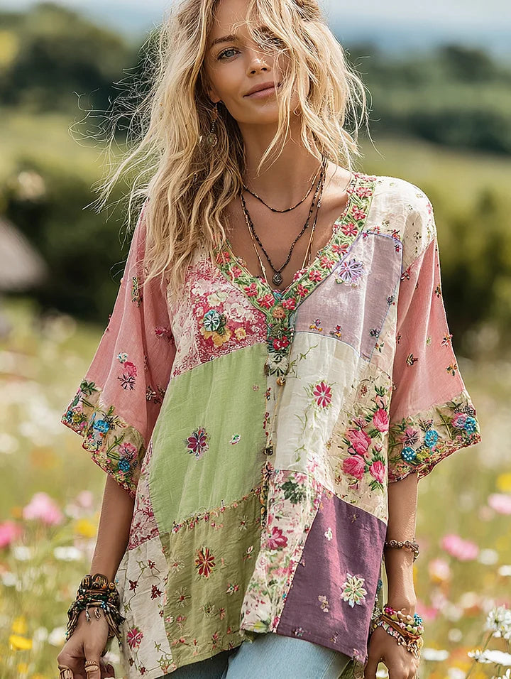 Women's Vintage Floral Print Patchwork V-neck Boho T-shirt