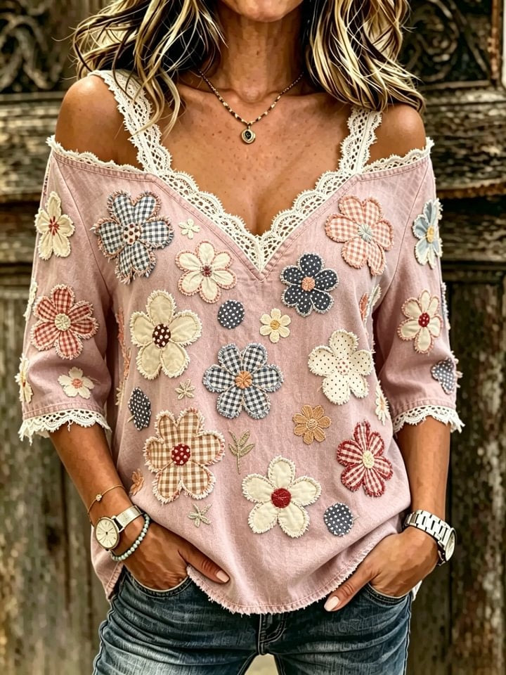 Women's Floral Patchwork Print Cotton Lace Trim Off-Shoulder Blouse