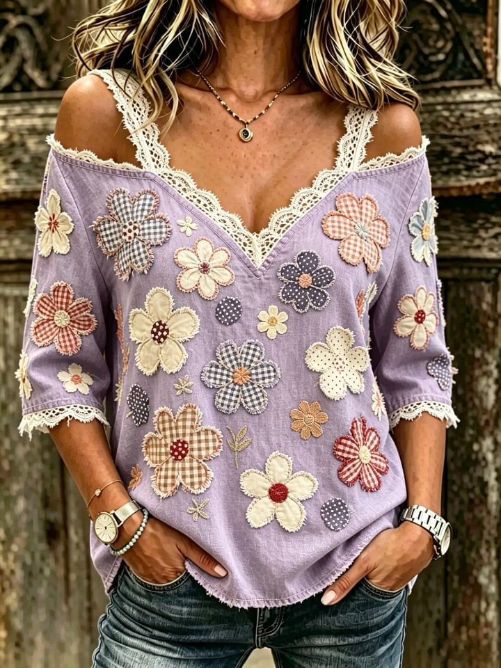 Women's Floral Patchwork Print Cotton Lace Trim Off-Shoulder Blouse