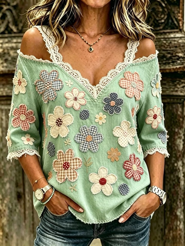 Women's Floral Patchwork Print Cotton Lace Trim Off-Shoulder Blouse
