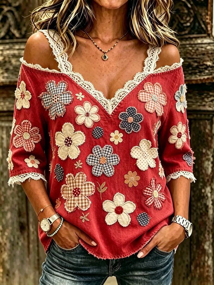 Women's Floral Patchwork Print Cotton Lace Trim Off-Shoulder Blouse
