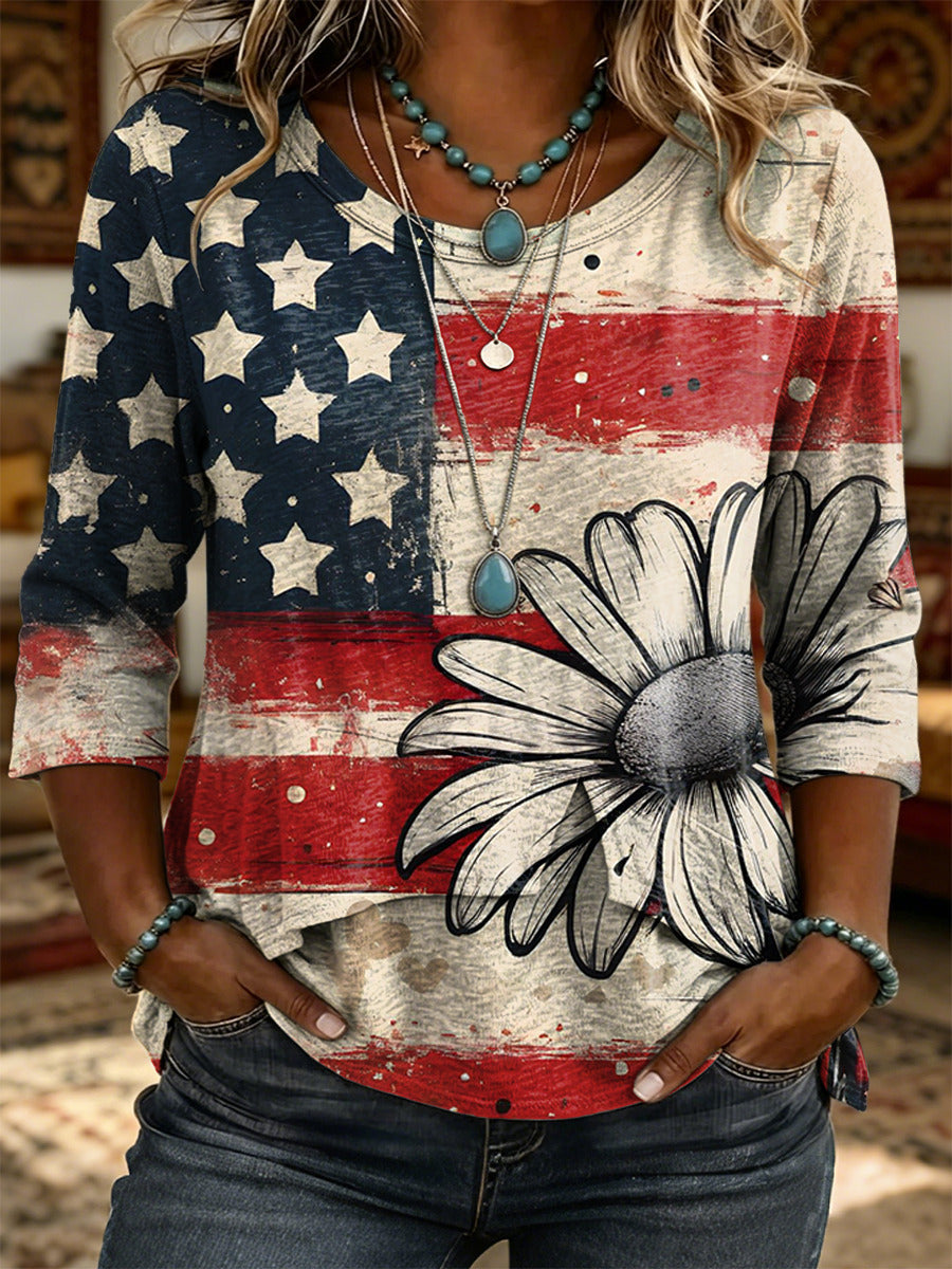 Women's Vintage Flag And Floral Art Print Casual Three-quarter Sleeve Round Neck Patchwork Shirt