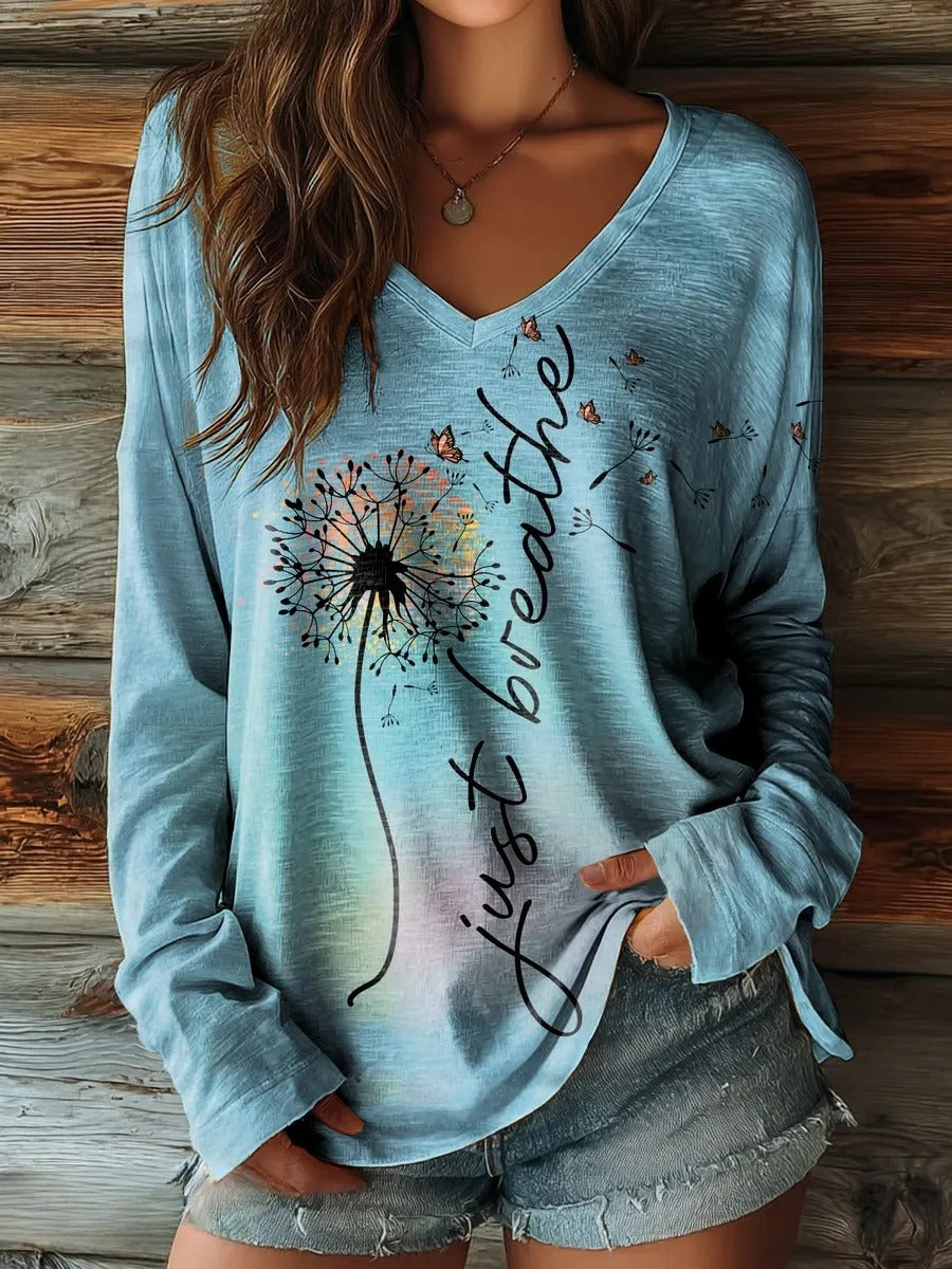 Women's Just Breathe Art Print Casual V-neck Long Sleeve T-shirt