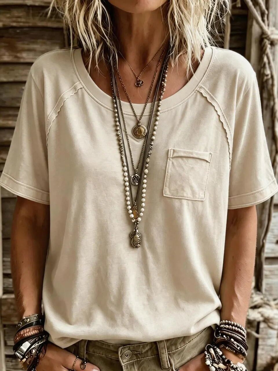 Women's Solid Side Wavy Stitch Pocket Crew Neck Short Sleeve Casual Tee