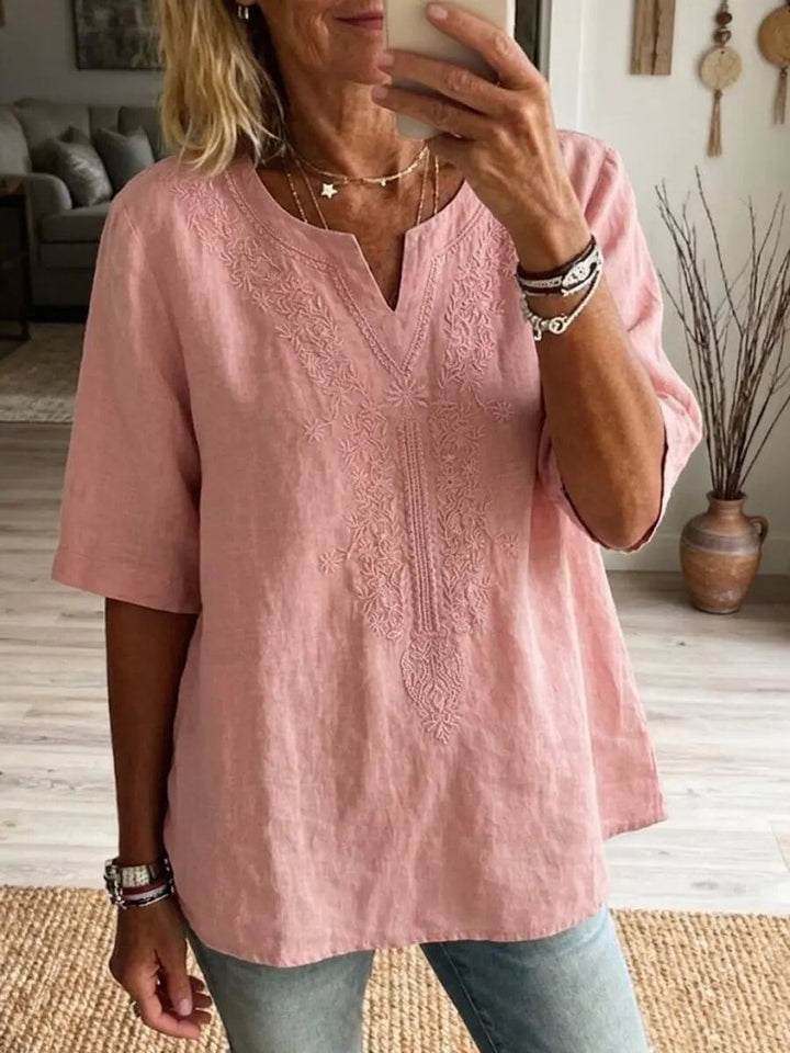 Women's Vintage Floral Embroidery V-neck Short-sleeved Cotton Shirt