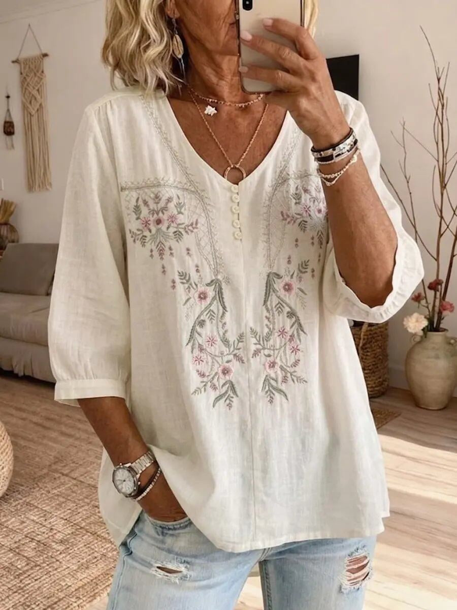 Women's Retro Flowers Embroidered V-neck Button Cotton Shirt
