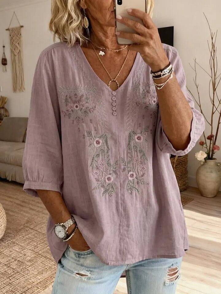 Women's Retro Flowers Embroidered V-neck Button Cotton Shirt