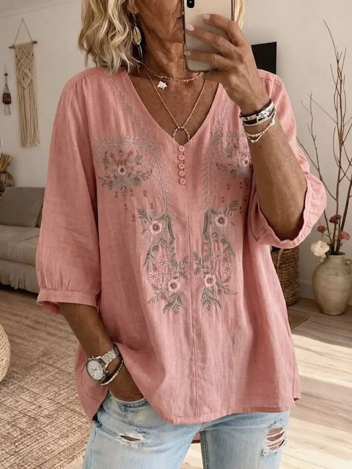 Women's Retro Flowers Embroidered V-neck Button Cotton Shirt