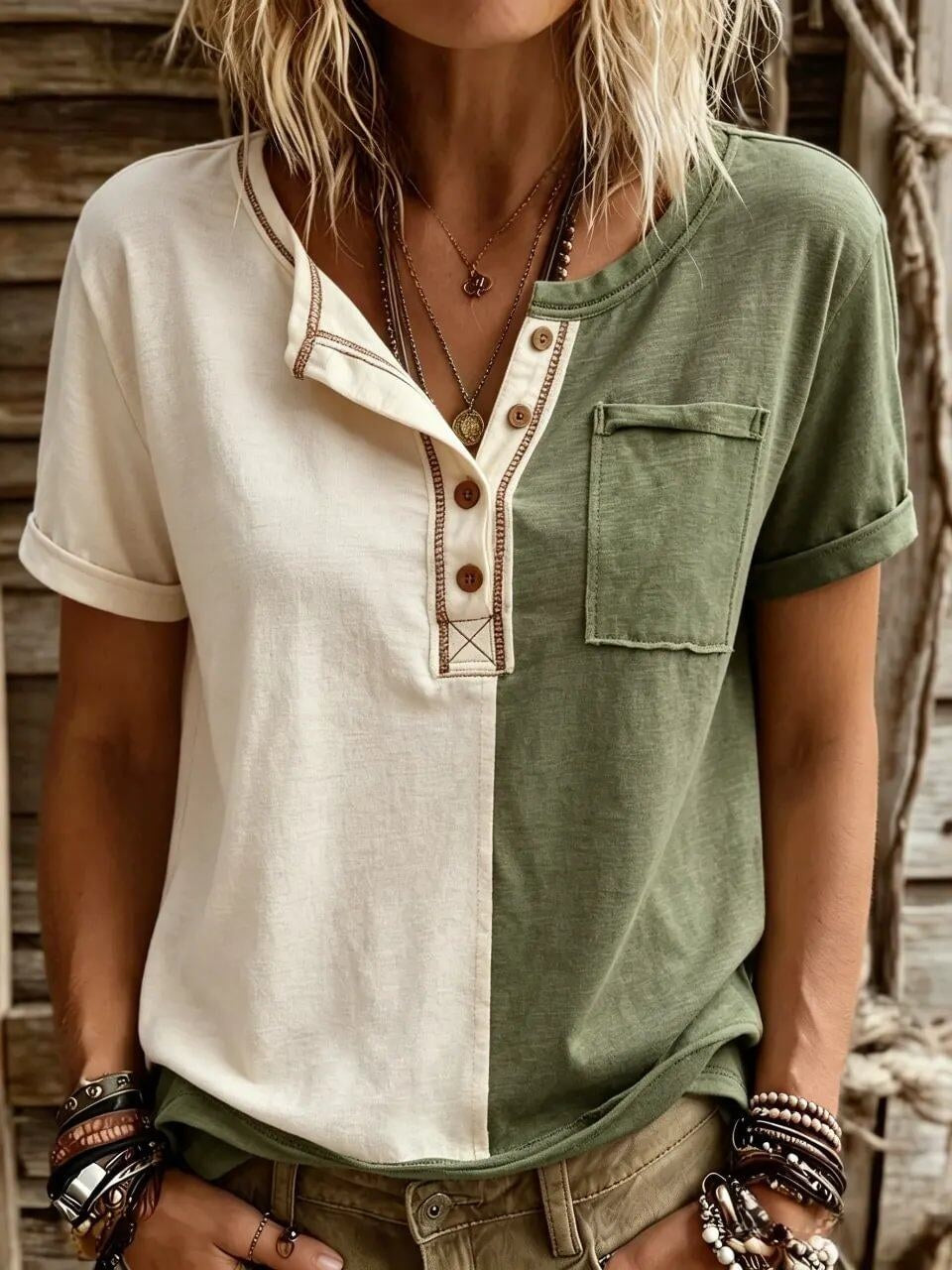 Women's Color-Block Short-Sleeve Henley T-Shirt