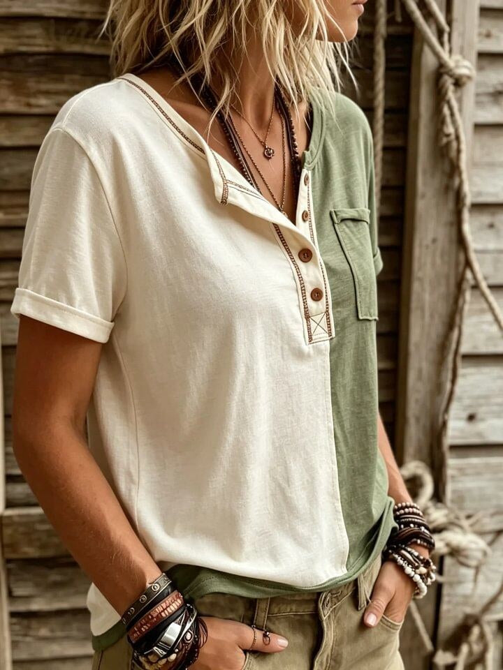 Women's Color-Block Short-Sleeve Henley T-Shirt