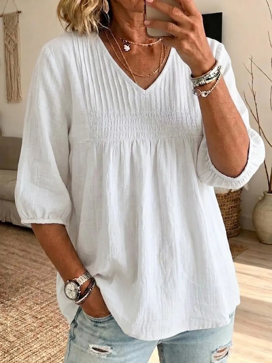 Women's Casual V-neck Cotton And Linen Pleated Shirt