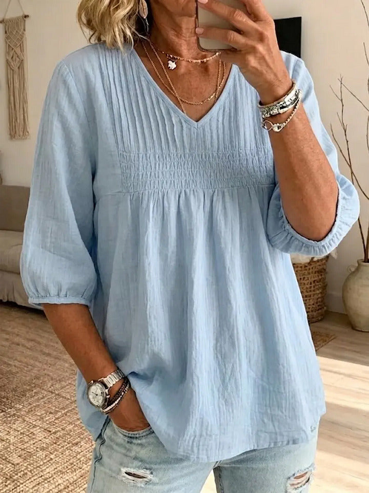 Women's Casual V-neck Cotton And Linen Pleated Shirt