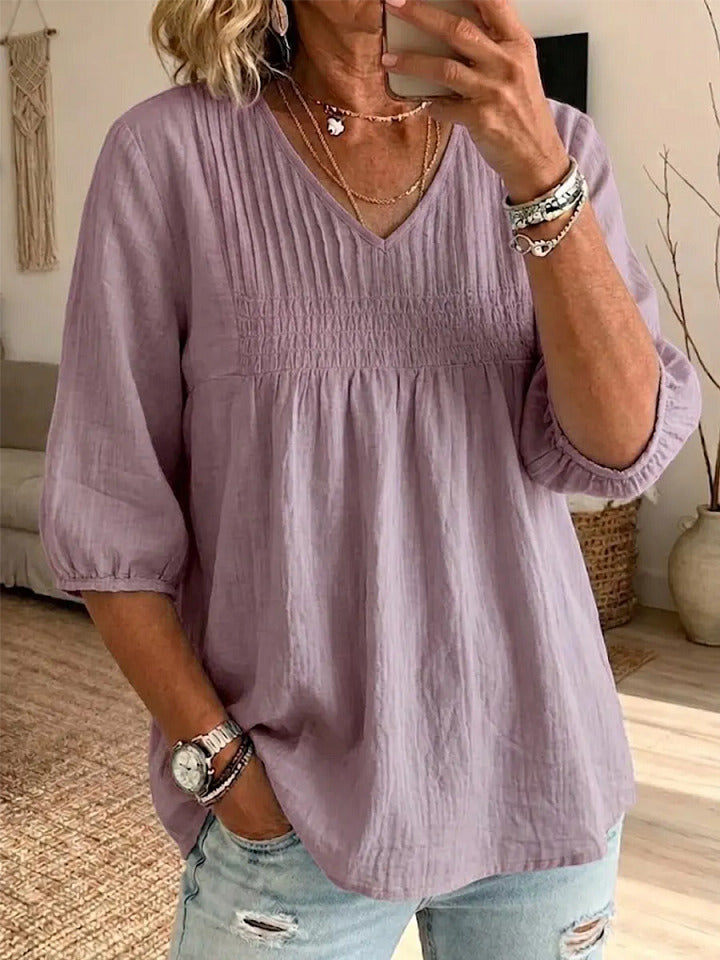 Women's Casual V-neck Cotton And Linen Pleated Shirt